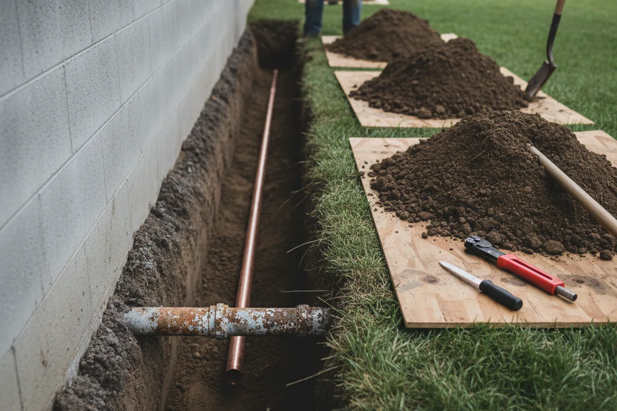 Excavated water line trench during Water Softener Installation in Vinita